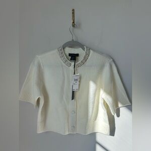 House of Harlow 1960 cream Short Sleeve sweater top rhinestone pearl Collar